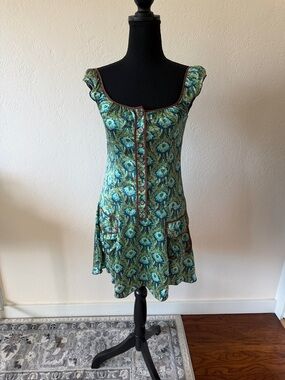 EUC FREE PEOPLE Green Floral Scoop-Neck Mini Dress Size 0